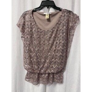 Minimi Taupe Lined Lace Cap Sleeve Blouse Top Size M NWOT